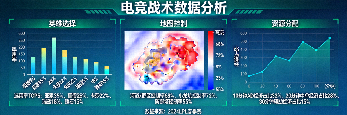 电竞战术数据分析可视化图表 - 英雄选择、地图控制与资源分配